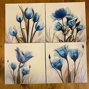 Set of 4 blue flower canvas prints!